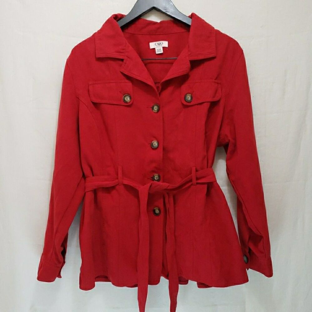 Cato Woman Red Safari Utility Jacket Sz 18W/20W Button Front Belted Lightweight